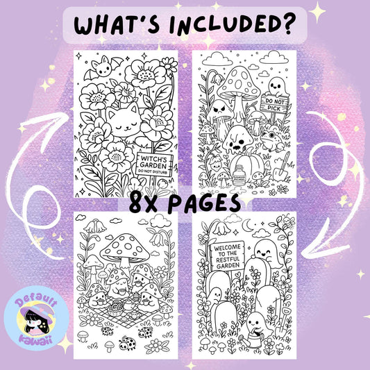 Four black and white sample coloring pages from the Haunted Garden spooky-cute coloring book showing a cat and bat among flowers with a 'Witch's Garden Do Not Disturb' sign, mushrooms with a ghost holding a 'Do Not Pick' sign, cute mushrooms having a picnic, and friendly ghosts in a restful garden with tombstones