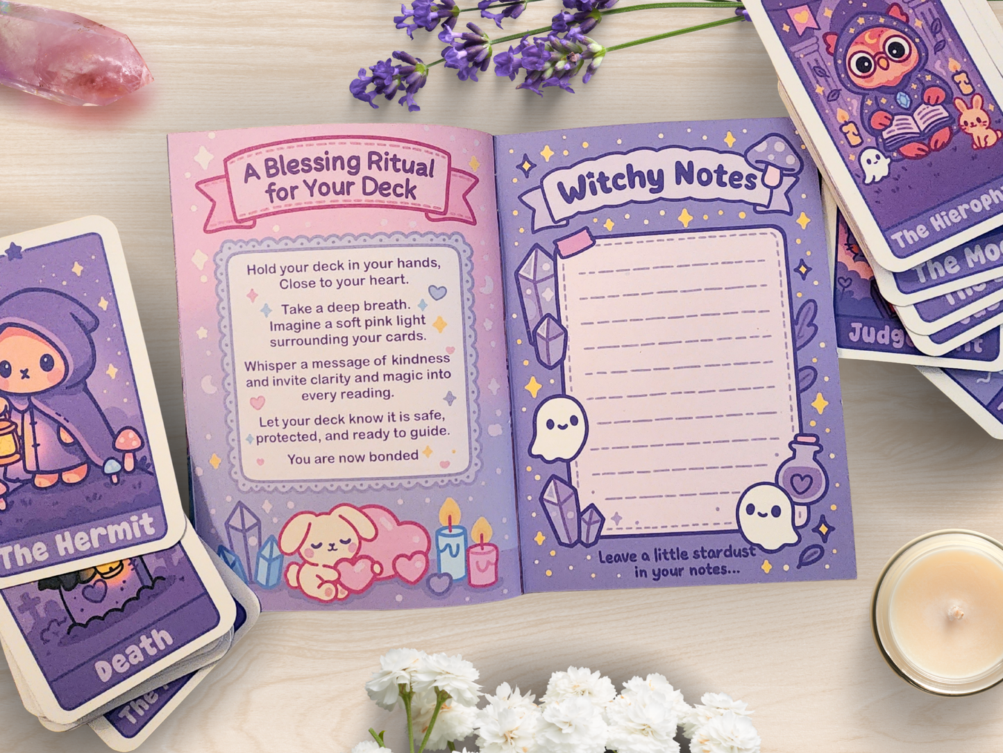 Handmade Kawaii Tarot Deck – 22 Major Arcana Cards + Illustrated Guidebook & Velvet Pouch