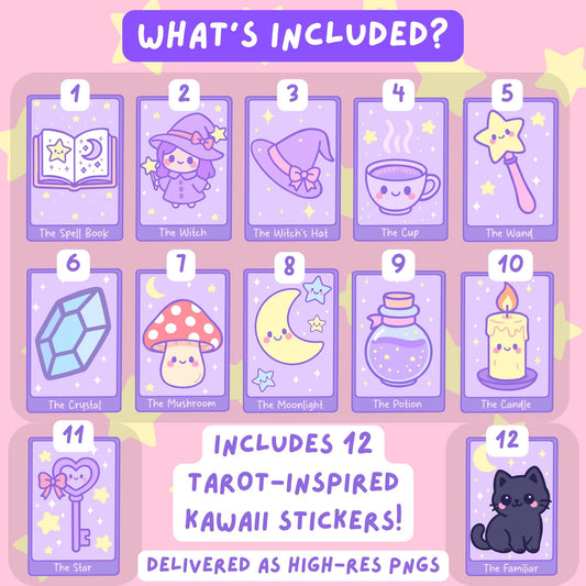 Kawaii Tarot Stickers Digital PNG Set - Pastel Goth Witchy