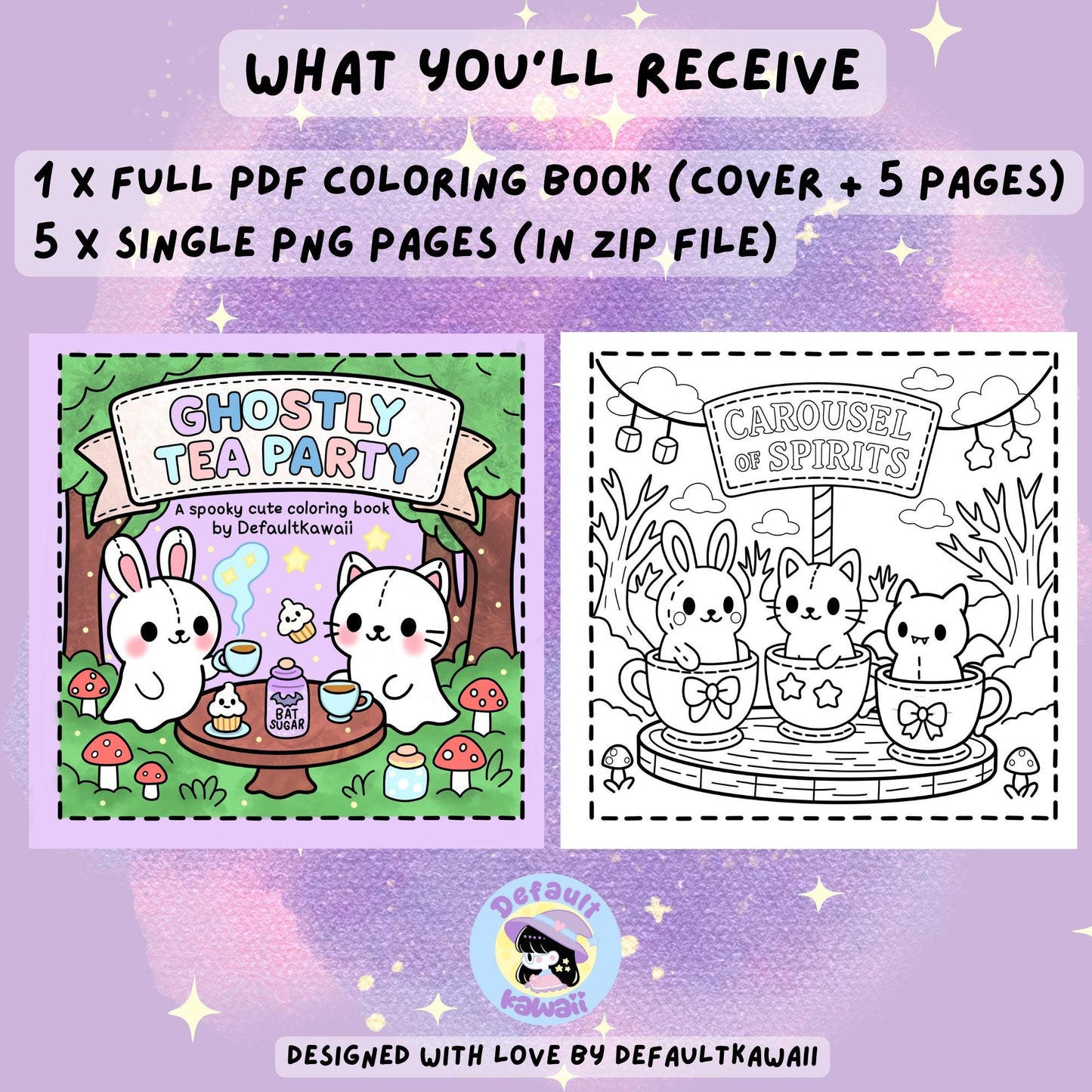 Ghostly Tea Party Coloring Book Kawaii Halloween Printable PDF