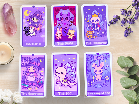 Handmade Kawaii Tarot Deck – 22 Major Arcana Cards + Illustrated Guidebook & Velvet Pouch