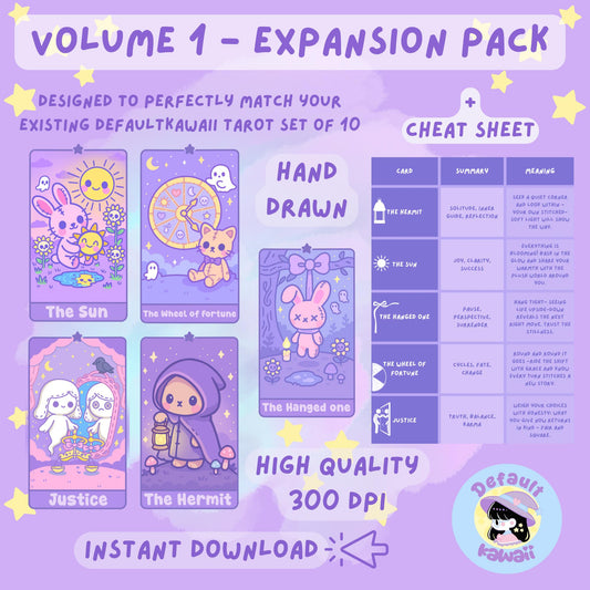 Volume 1 Expansion Pack for the DefaultKawaii Tarot set: 5-card booster set including The Sun (bunny with smiling sun), The Wheel of Fortune (stitched cat with wheel), Justice (two ghosts with scales and raven), The Hermit (hooded figure with lantern and mushrooms), and The Hanged One (pink bunny hanging upside down), plus a cheat sheet table with card summaries and meanings, shown as high quality 300 DPI instant digital download