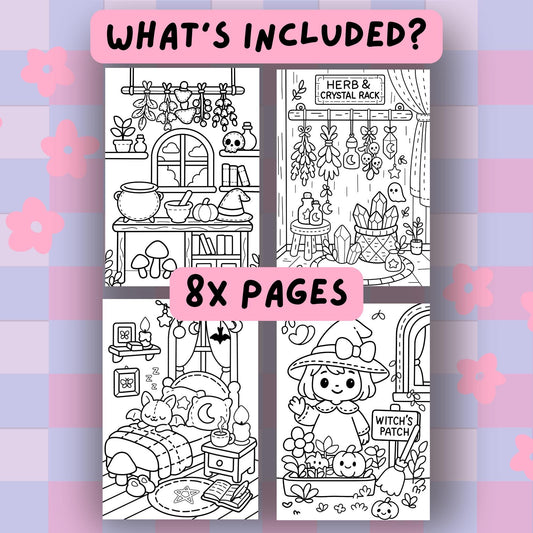 Kawaii Witch Cottage Coloring Book Printable Pastel Digital PDF