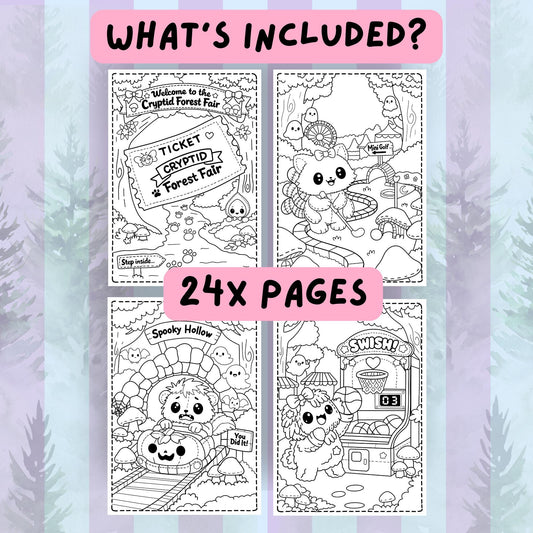 Four sample black and white coloring pages from the Cryptid Cuties Forest Fair coloring book showing a fair ticket, cat cryptid playing mini golf, bear on a pumpkin rollercoaster, and fluffy dog at a basketball game booth