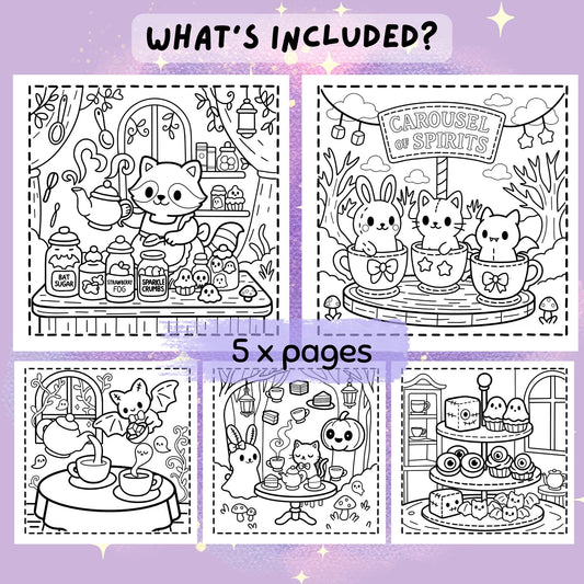 Ghostly Tea Party Coloring Book Kawaii Halloween Printable PDF