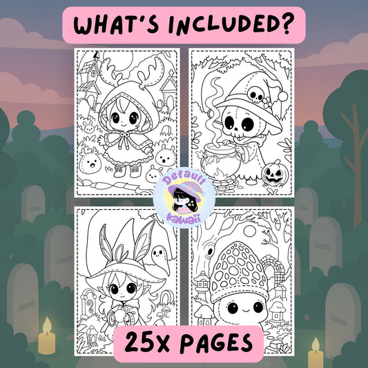 Four black and white sample coloring pages from The Fairy Garden Between Worlds spooky-cute coloring book showing a hooded deer girl with bunnies, a skeleton witch stirring a cauldron, an elf girl with bunny ears holding an orb, and a cute mushroom character in a magical forest setting, with '25x Pages' banner