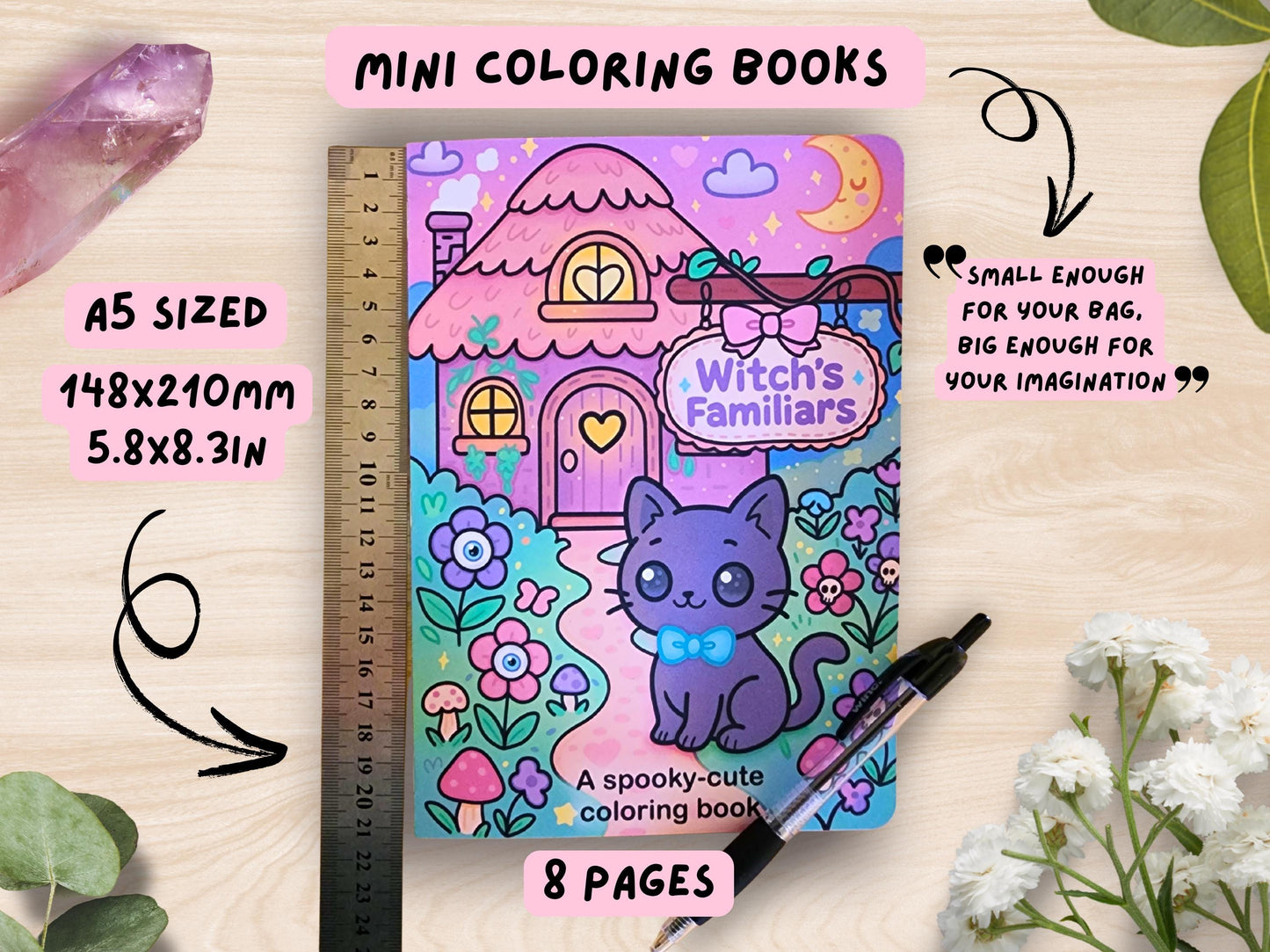 Witch's Familiars Mini Coloring Book A5 Handmade Pastel Spooky Kawaii