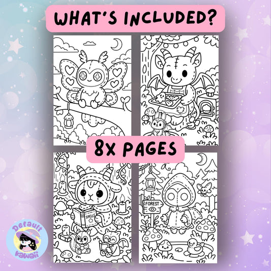 Digital tablet displaying the cover of Kawaii Cryptid Forest spooky-cute coloring book with a purple stitched moth-like cryptid on mushrooms, surrounded by coloring pages and a hand holding a stylus