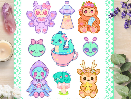 Kawaii Cryptid Cuties Sticker Sheet Waterproof Vinyl Pastel Plush Die-Cut