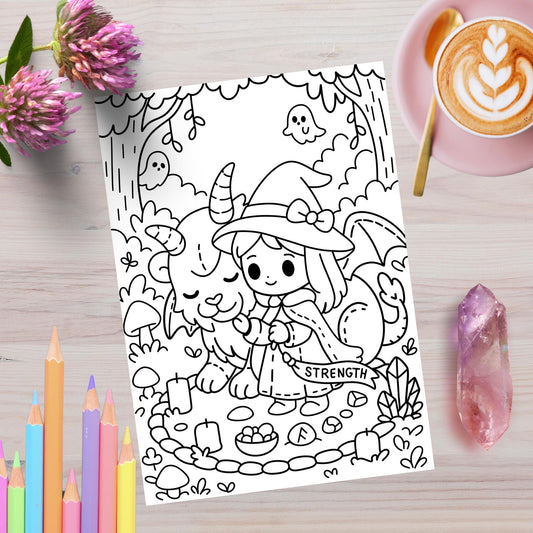 Strength tarot card coloring page from Spooky Forest Tarot Volume 2, featuring a cute witch girl with bow and cape gently holding a smiling goat-like creature with horns in a magical forest circle with candles, mushrooms, crystals, and ghosts. Shown on a wooden surface with colored pencils, pink flowers, a latte, and an amethyst crystal.