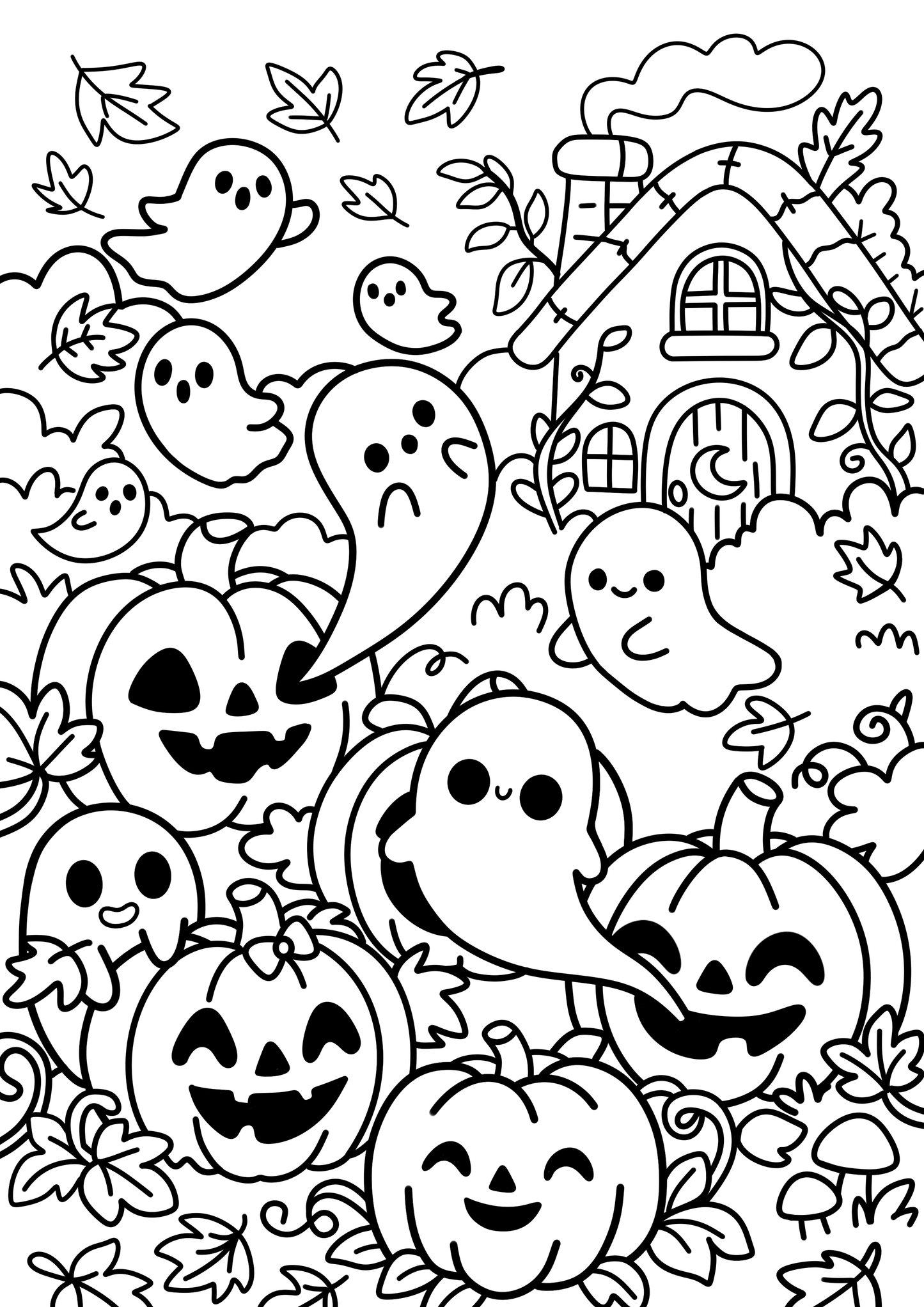 Free Halloween Coloring Page – Ghosts & Pumpkins in the Garden 👻🎃