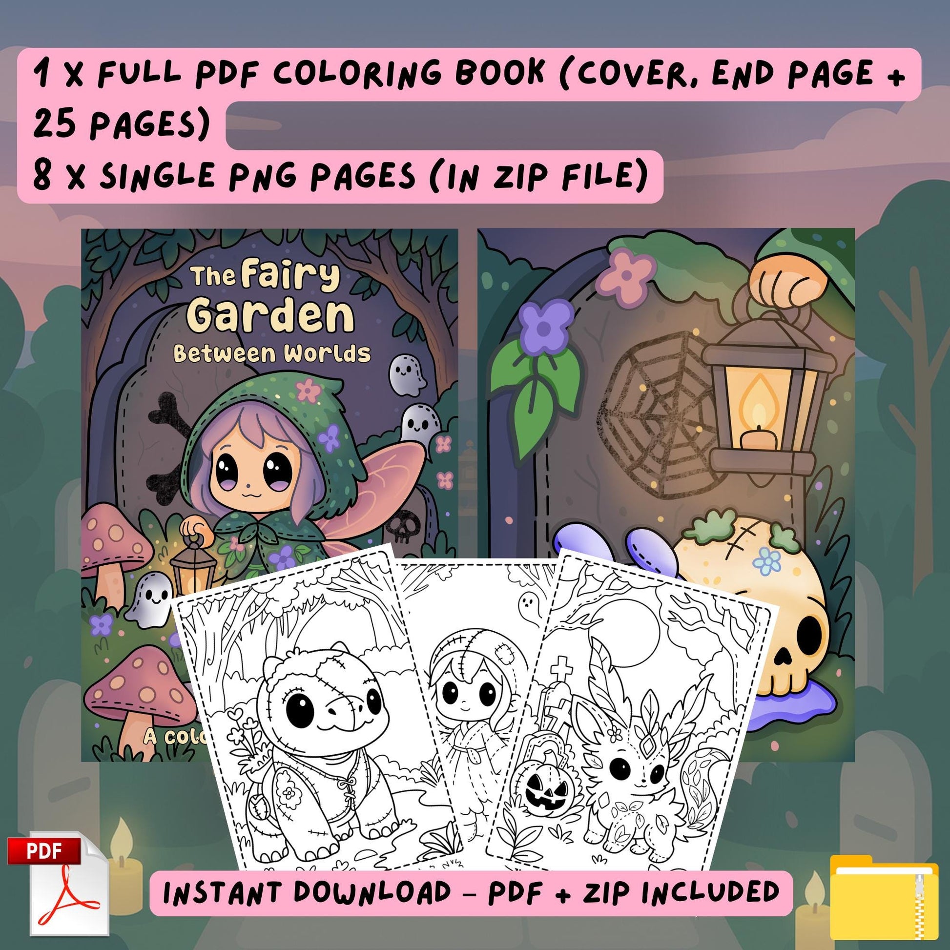 What you'll receive with The Fairy Garden Between Worlds coloring book: full colored cover showing a purple-haired fairy with lantern in a magical graveyard entrance, plus sample black and white coloring pages including a stitched turtle, fairy girl, and leafy creature. Includes 1 full PDF (cover, end page + 25 pages) and 8 single PNG pages in a zip file for instant download.