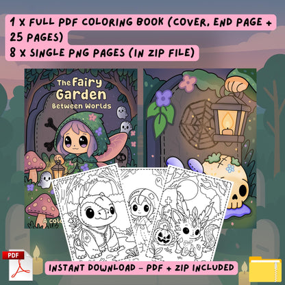 What you'll receive with The Fairy Garden Between Worlds coloring book: full colored cover showing a purple-haired fairy with lantern in a magical graveyard entrance, plus sample black and white coloring pages including a stitched turtle, fairy girl, and leafy creature. Includes 1 full PDF (cover, end page + 25 pages) and 8 single PNG pages in a zip file for instant download.