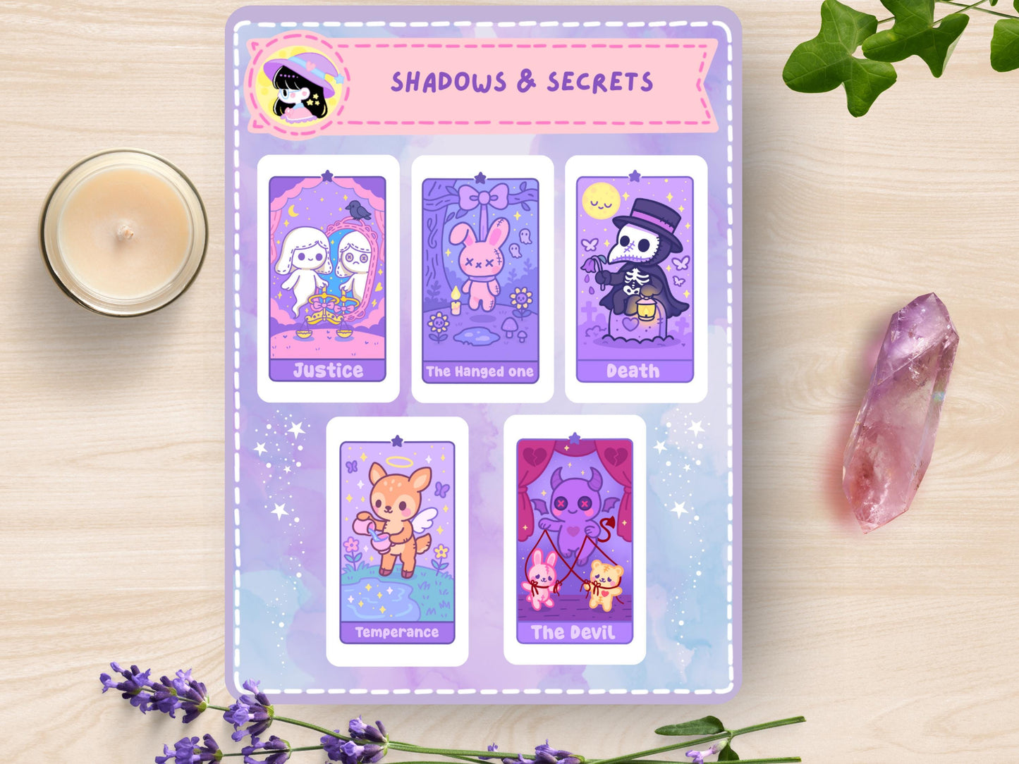 Kawaii Tarot Sticker Sheet Shadows & Secrets Waterproof Vinyl Pastel Witchy