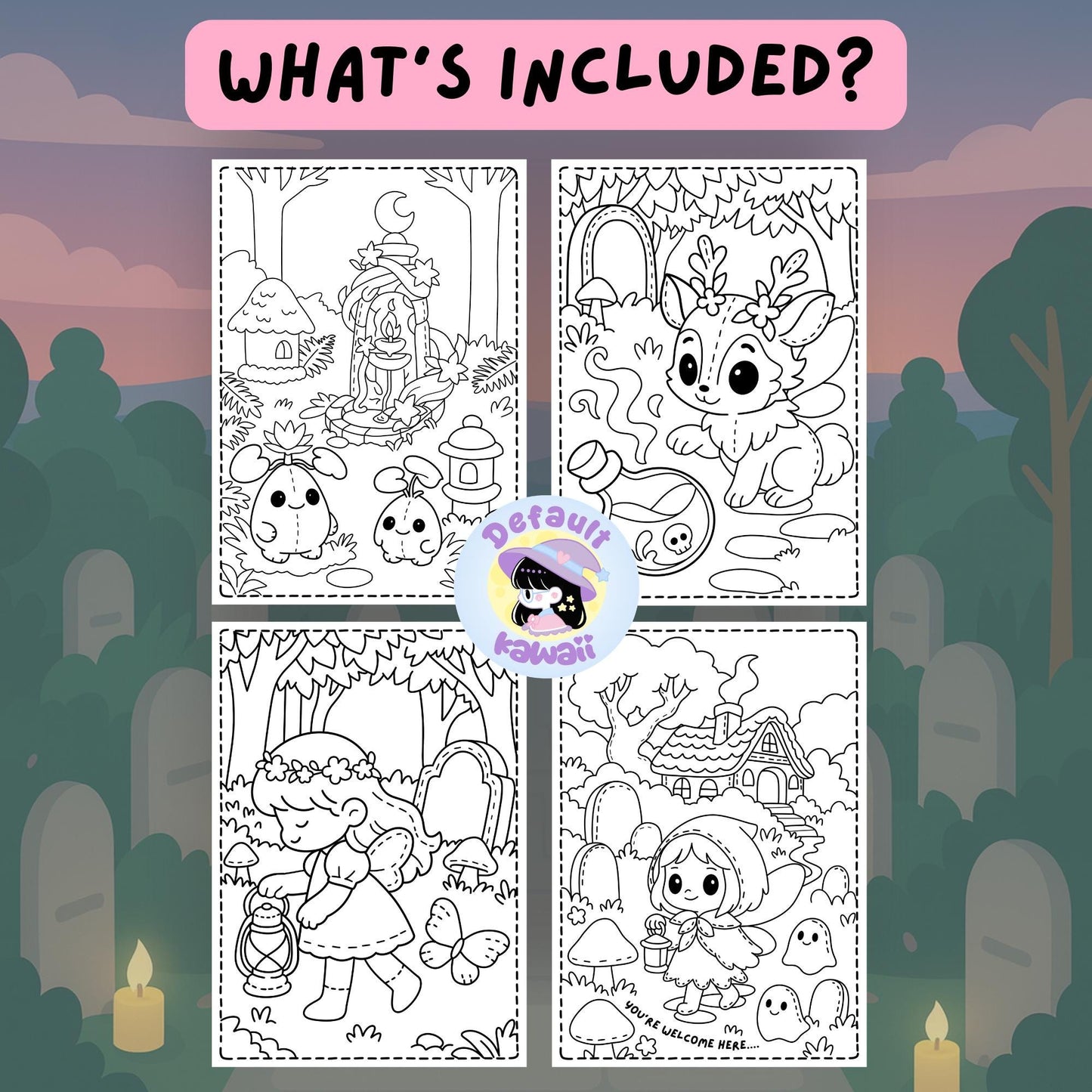Four black and white sample coloring pages from The Fairy Garden Between Worlds spooky-cute coloring book showing a magical fountain scene with plant creatures and lanterns, a winged deer-like creature with flowers and a potion bottle, a fairy girl with flower crown carrying a lantern in a graveyard, and a hooded fairy girl welcoming visitors with 'You're Welcome Here...' text near a house and ghosts