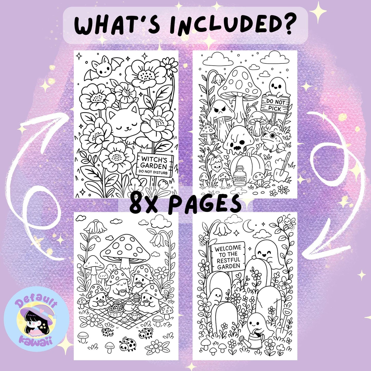 Four black and white sample coloring pages from the Haunted Garden spooky-cute coloring book showing a cat and bat among flowers with a 'Witch's Garden Do Not Disturb' sign, mushrooms with a ghost holding a 'Do Not Pick' sign, cute mushrooms having a picnic, and friendly ghosts in a restful garden with tombstones