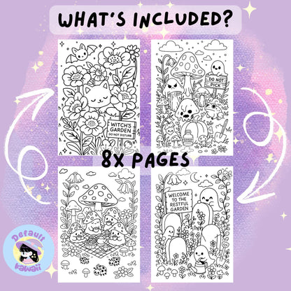 Four black and white sample coloring pages from the Haunted Garden spooky-cute coloring book showing a cat and bat among flowers with a 'Witch's Garden Do Not Disturb' sign, mushrooms with a ghost holding a 'Do Not Pick' sign, cute mushrooms having a picnic, and friendly ghosts in a restful garden with tombstones