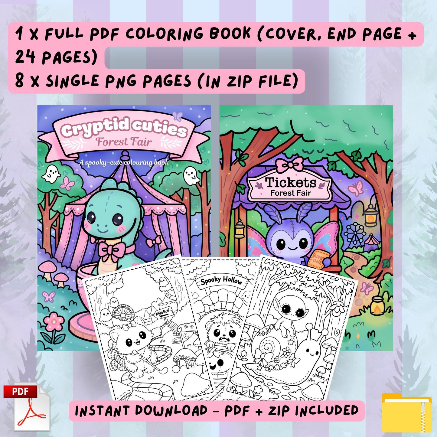 Product contents for Cryptid Cuties Forest Fair coloring book showing the full colored cover with a teal dinosaur cryptid in a teacup, a purple moth cryptid at the ticket booth, three sample black and white coloring pages, plus text detailing 1 full PDF (cover + 24 pages) and 8 single PNG pages in a zip file for instant download