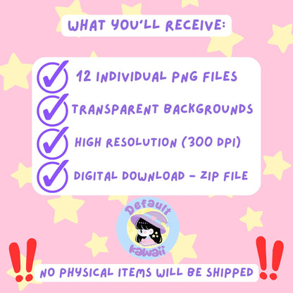 Kawaii Tarot Stickers Digital PNG Set - Pastel Goth Witchy