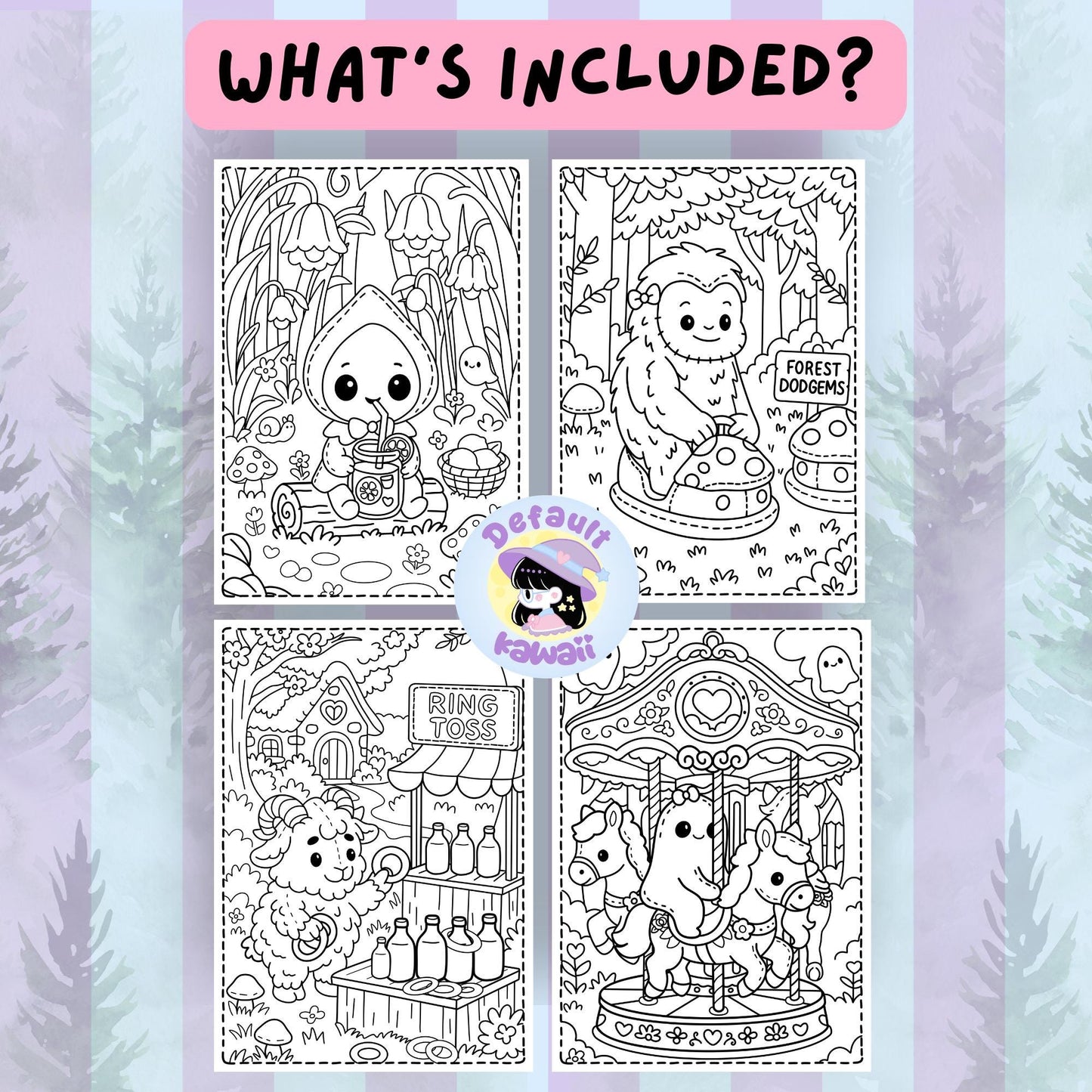 Four black and white coloring pages from the Cryptid Cuties Forest Fair: hooded cryptid drinking juice, bigfoot on mushroom dodgems, sheep at ring toss, and elephant cryptids on a carousel