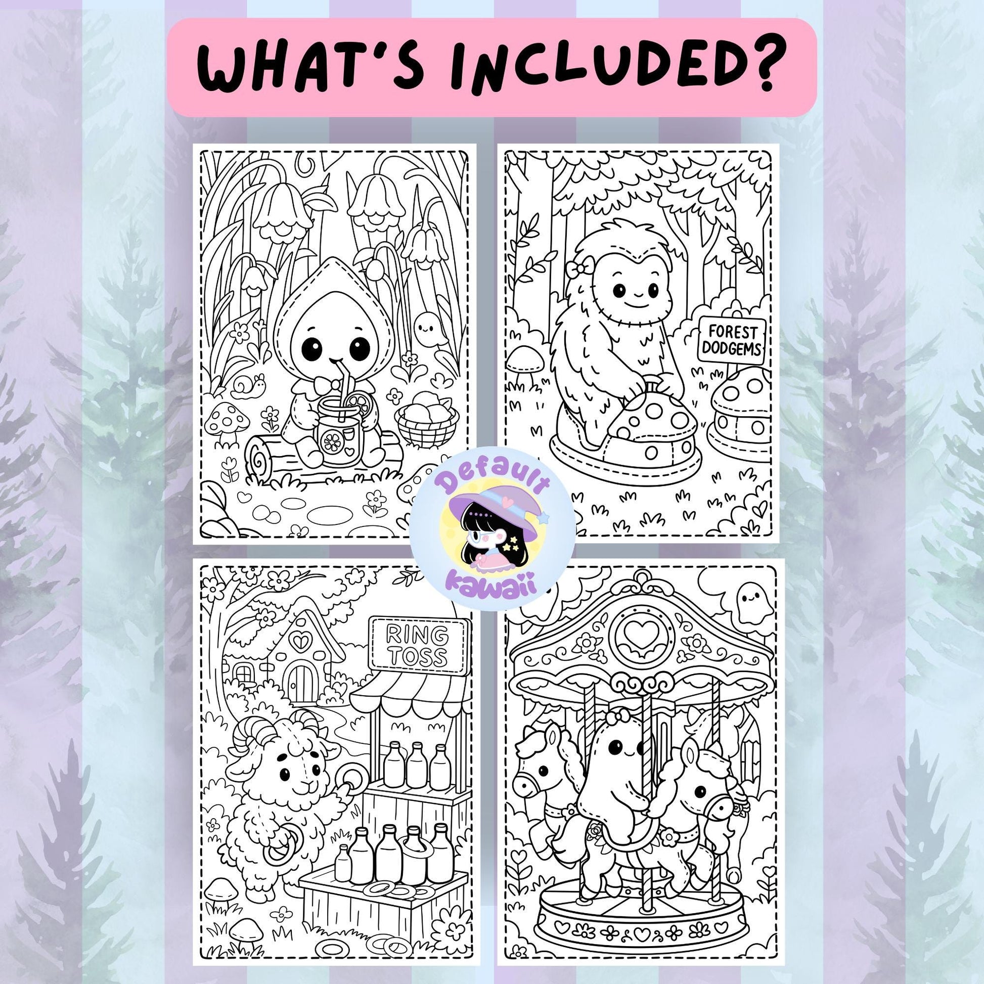 Four black and white coloring pages from the Cryptid Cuties Forest Fair: hooded cryptid drinking juice, bigfoot on mushroom dodgems, sheep at ring toss, and elephant cryptids on a carousel