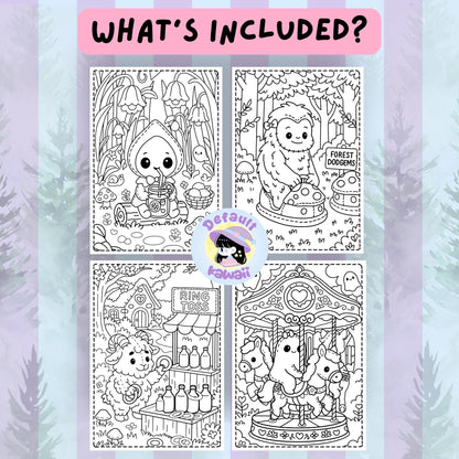 Four black and white coloring pages from the Cryptid Cuties Forest Fair: hooded cryptid drinking juice, bigfoot on mushroom dodgems, sheep at ring toss, and elephant cryptids on a carousel