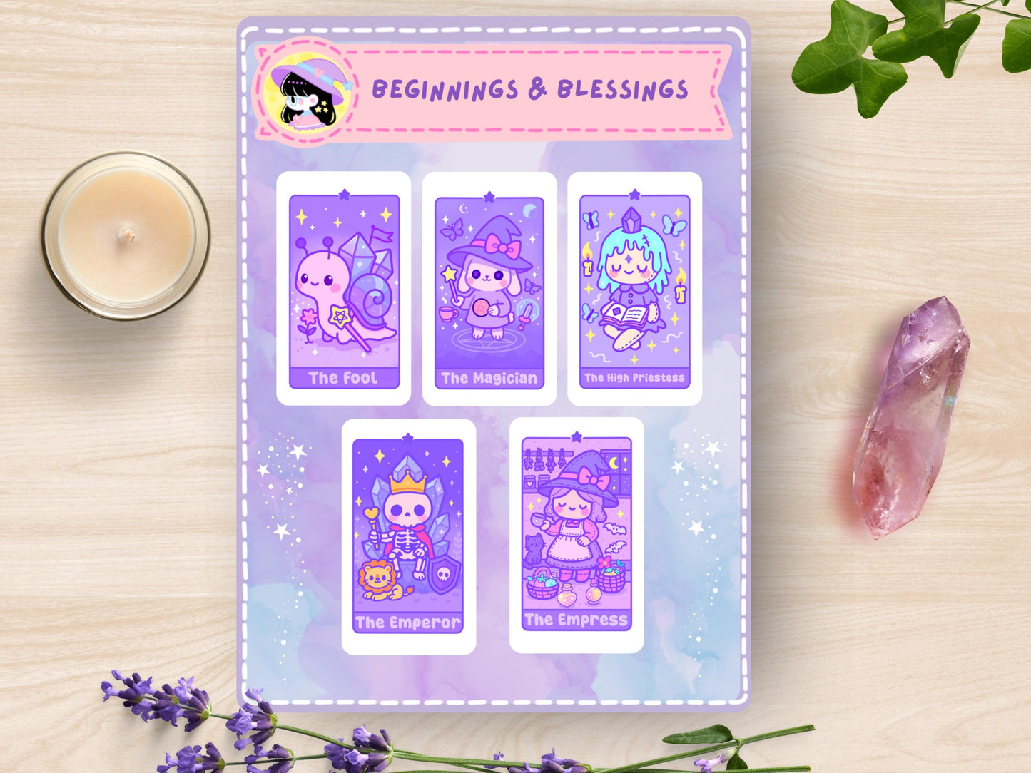 Kawaii Tarot Sticker Sheet Beginnings & Blessings Waterproof Vinyl Pastel Witchy