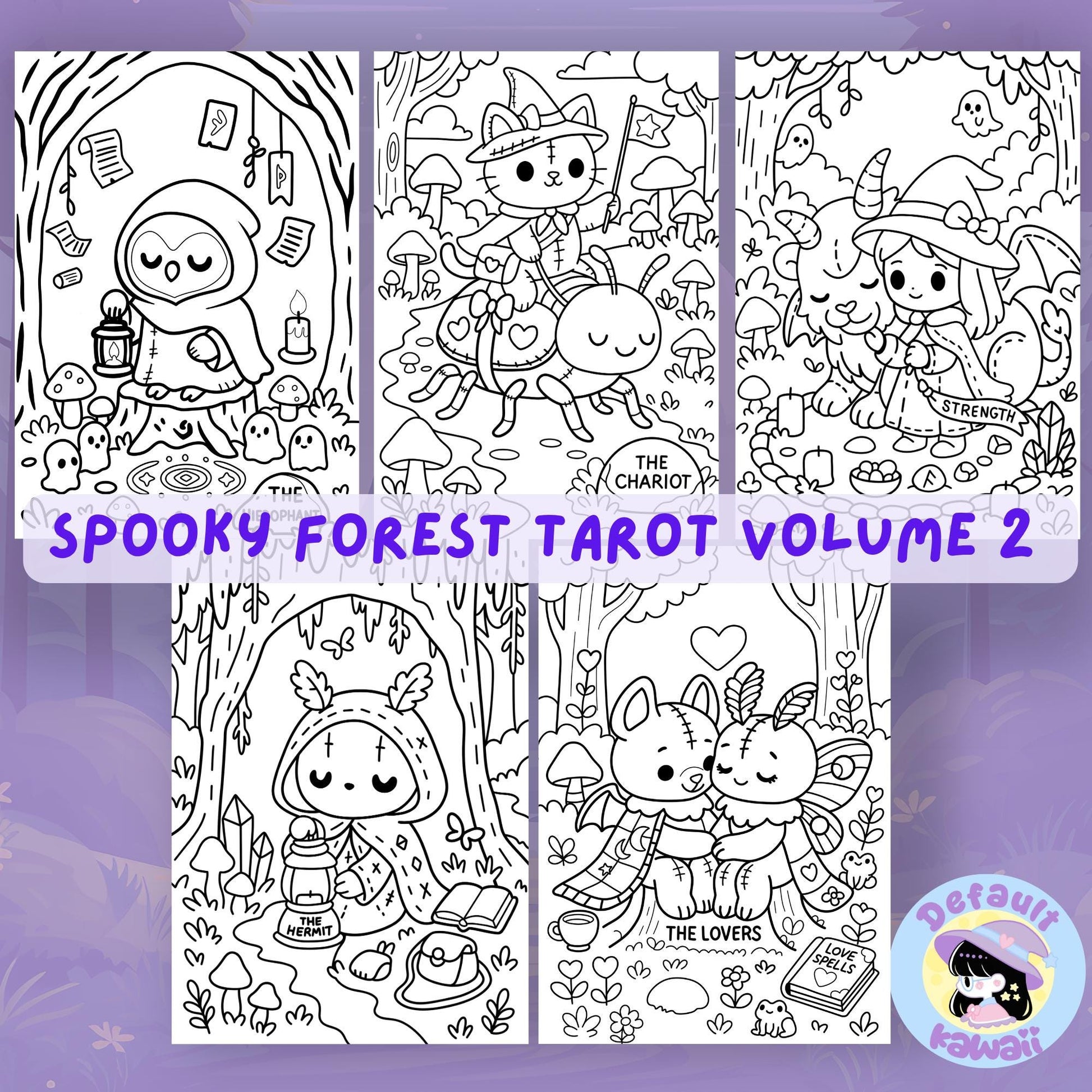 Spooky Forest Tarot Volume 2 coloring pages featuring five black and white tarot card illustrations: The Hierophant (hooded owl with lantern and ghosts), The Chariot (cat witch riding a beetle), Strength (witch girl with goat and banner), The Hermit (hooded figure with lantern and crystals), and The Lovers (two stitched bunny-like creatures with hearts and love spells book)