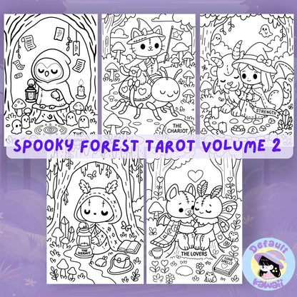 Spooky Forest Tarot Volume 2 coloring pages featuring five black and white tarot card illustrations: The Hierophant (hooded owl with lantern and ghosts), The Chariot (cat witch riding a beetle), Strength (witch girl with goat and banner), The Hermit (hooded figure with lantern and crystals), and The Lovers (two stitched bunny-like creatures with hearts and love spells book)