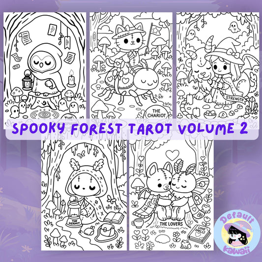 Spooky Forest Tarot Volume 2 coloring pages featuring five black and white tarot card illustrations: The Hierophant (hooded owl with lantern and ghosts), The Chariot (cat witch riding a beetle), Strength (witch girl with goat and banner), The Hermit (hooded figure with lantern and crystals), and The Lovers (two stitched bunny-like creatures with hearts and love spells book)