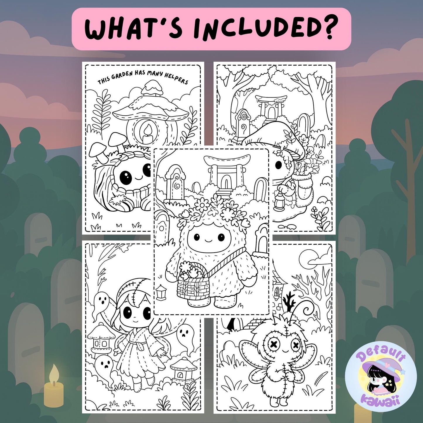 Four black and white sample coloring pages from The Fairy Garden Between Worlds spooky-cute coloring book showing a mushroom house with helpers and the text 'This Garden Has Many Helpers', a sheep-like creature with flower crown carrying a basket, a stitched fairy girl with ghosts and lanterns, and a fluffy creature with X eyes holding flowers