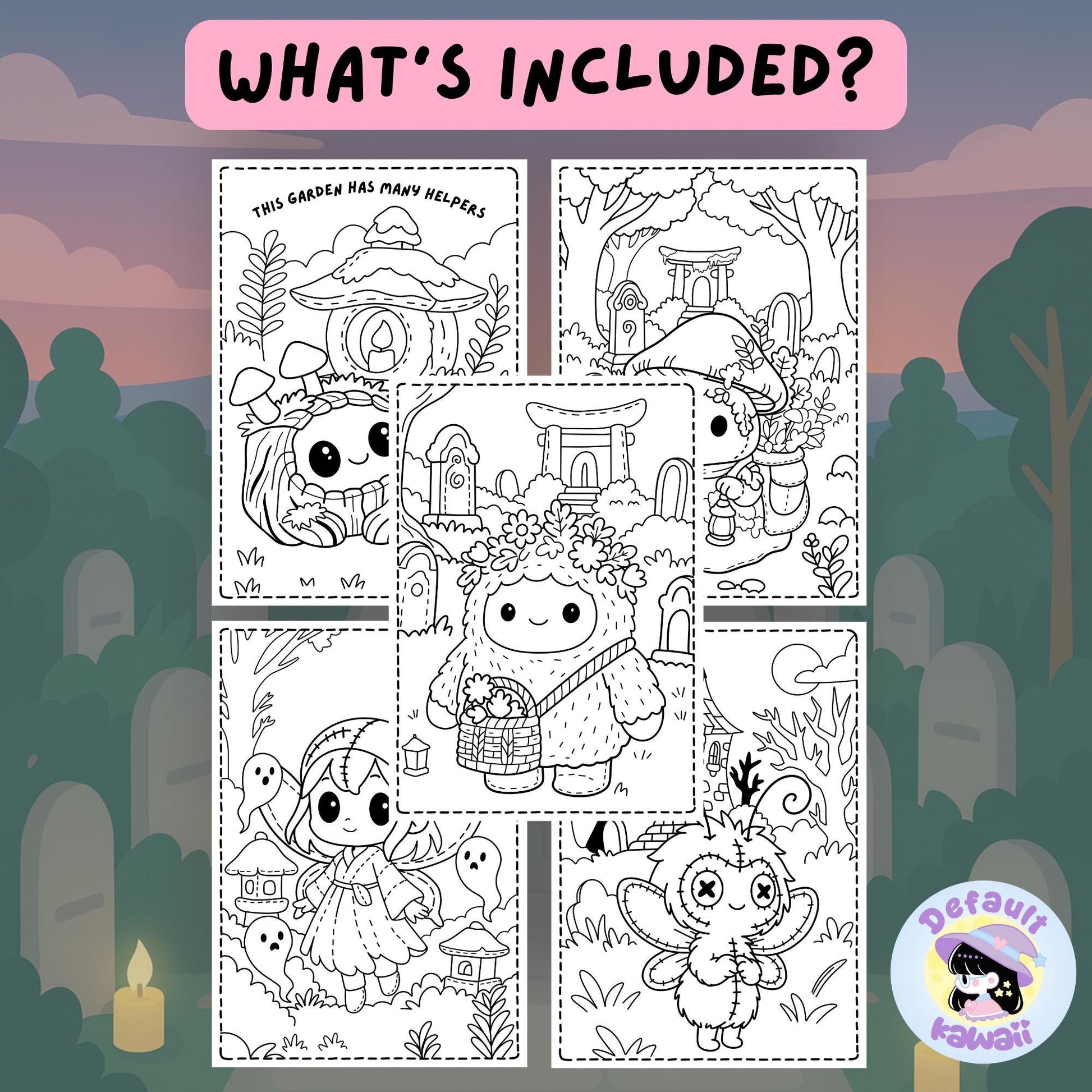 Four black and white sample coloring pages from The Fairy Garden Between Worlds spooky-cute coloring book showing a mushroom house with helpers and the text 'This Garden Has Many Helpers', a sheep-like creature with flower crown carrying a basket, a stitched fairy girl with ghosts and lanterns, and a fluffy creature with X eyes holding flowers