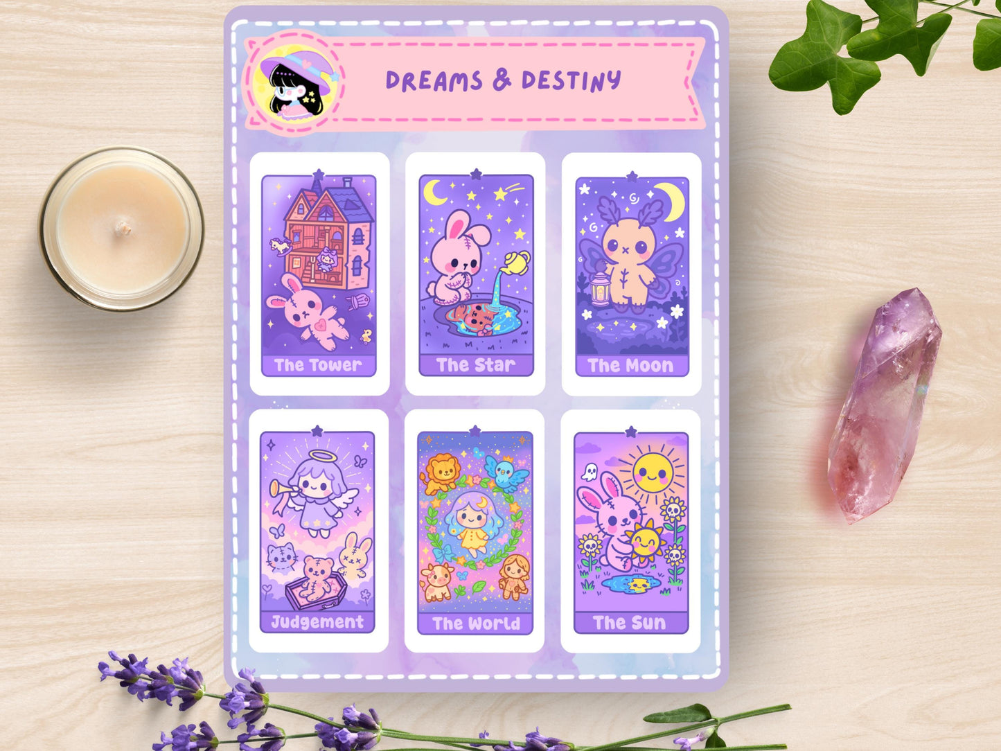 Kawaii Tarot Sticker Sheet Dreams & Destiny Waterproof Vinyl Pastel Witchy