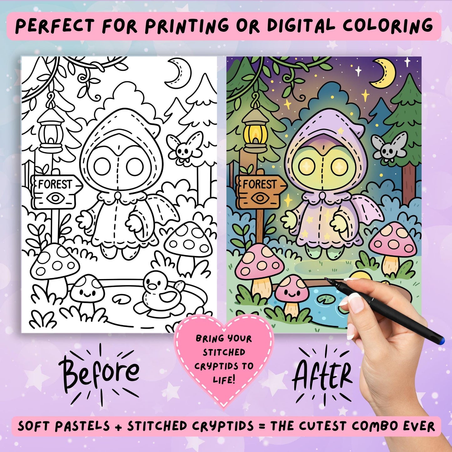 Before and after example of a Kawaii Cryptid coloring page: black and white line art of a hooded owl cryptid next to the fully colored version in soft pastel colors with glowing lantern and mushrooms