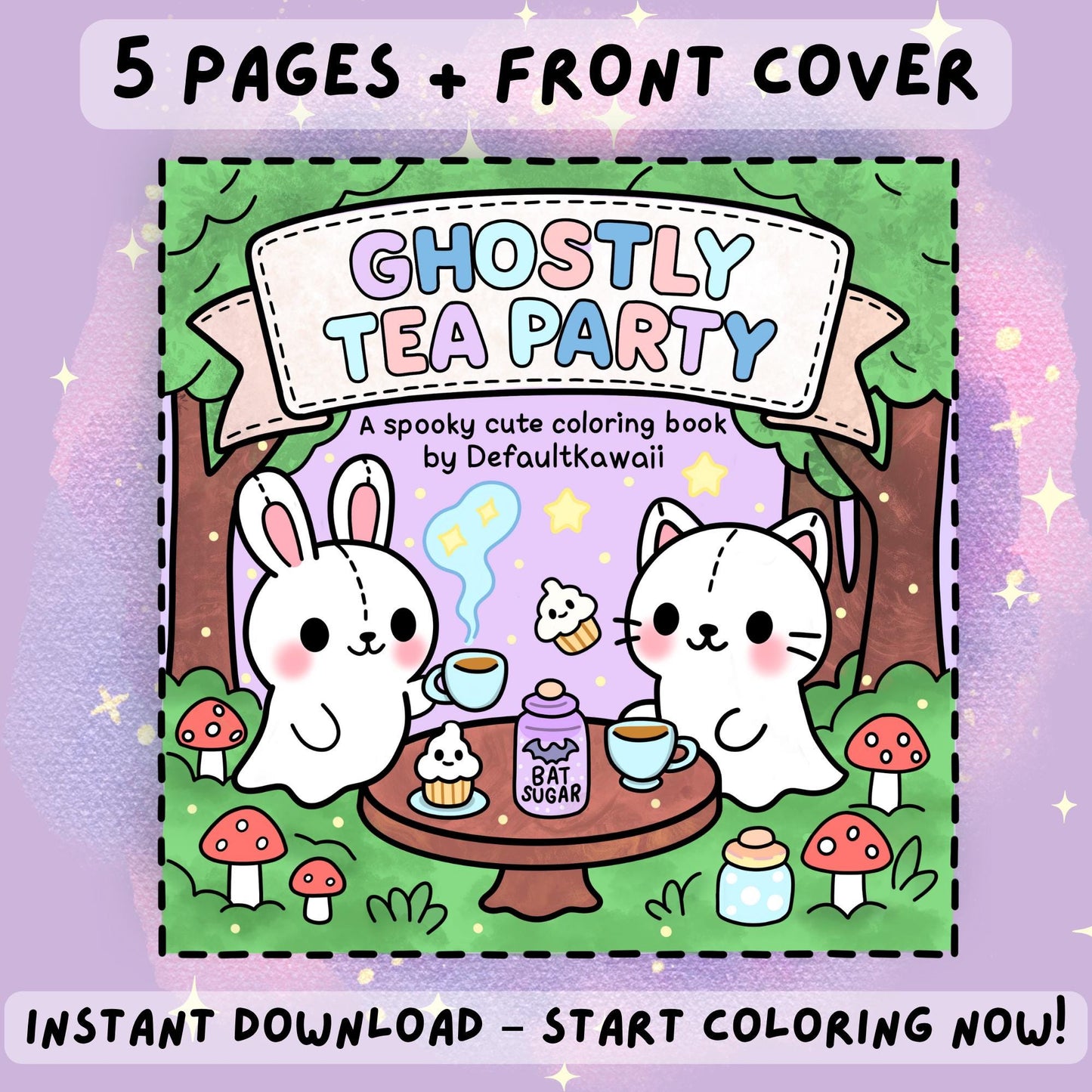 Ghostly Tea Party Coloring Book Kawaii Halloween Printable PDF