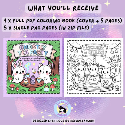 Ghostly Tea Party Coloring Book Kawaii Halloween Printable PDF