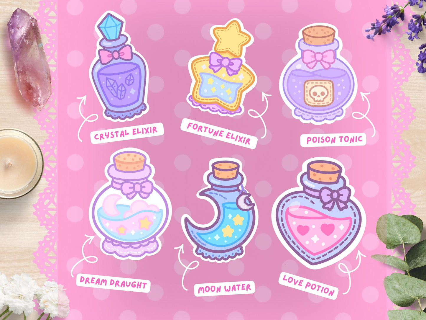 Kawaii Potion Bottle Stickers Witchy Pastel Waterproof Vinyl Die-Cut 6-Pack