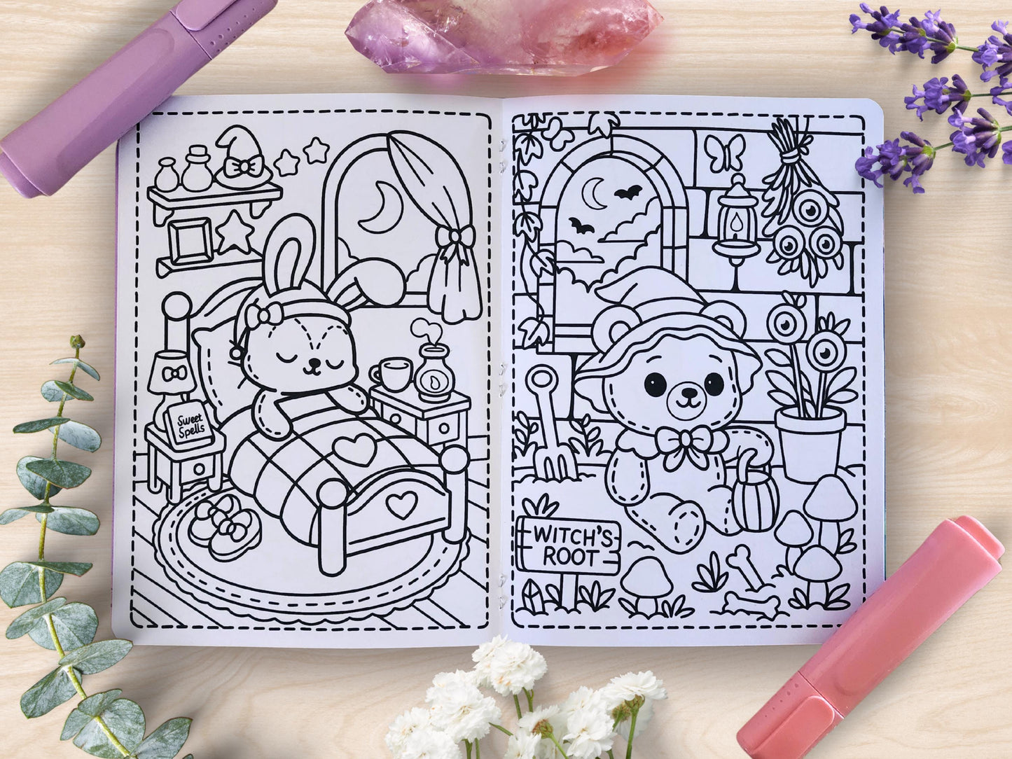Witch's Familiars Mini Coloring Book A5 Handmade Pastel Spooky Kawaii