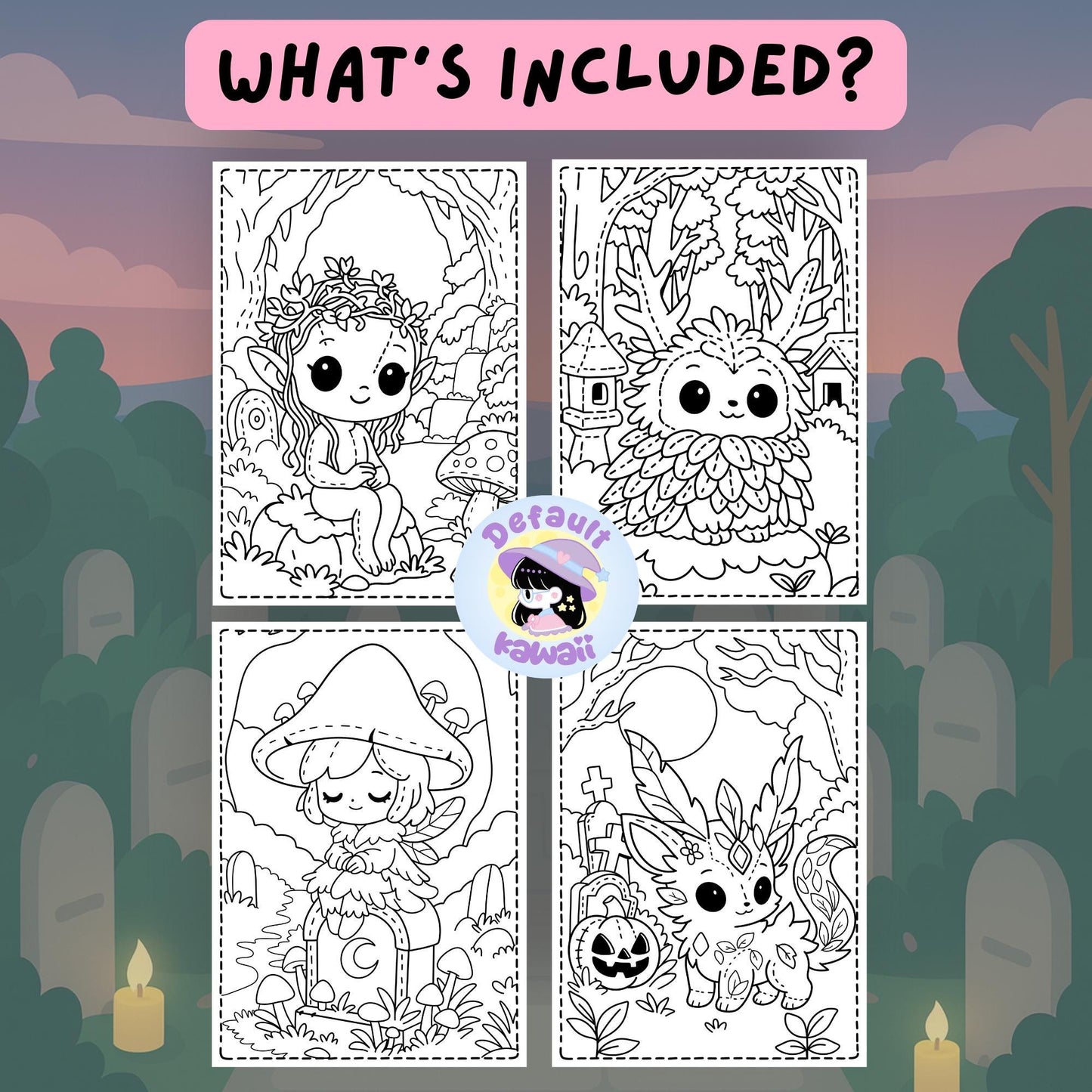 Four black and white sample coloring pages from The Fairy Garden Between Worlds spooky-cute coloring book showing a flower-crowned elf girl sitting on a rock, a fluffy owl-like creature with antlers in the forest, a cute mushroom fairy, and a leafy fox-like creature with a jack-o'-lantern in a graveyard setting