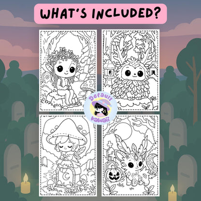 Four black and white sample coloring pages from The Fairy Garden Between Worlds spooky-cute coloring book showing a flower-crowned elf girl sitting on a rock, a fluffy owl-like creature with antlers in the forest, a cute mushroom fairy, and a leafy fox-like creature with a jack-o'-lantern in a graveyard setting