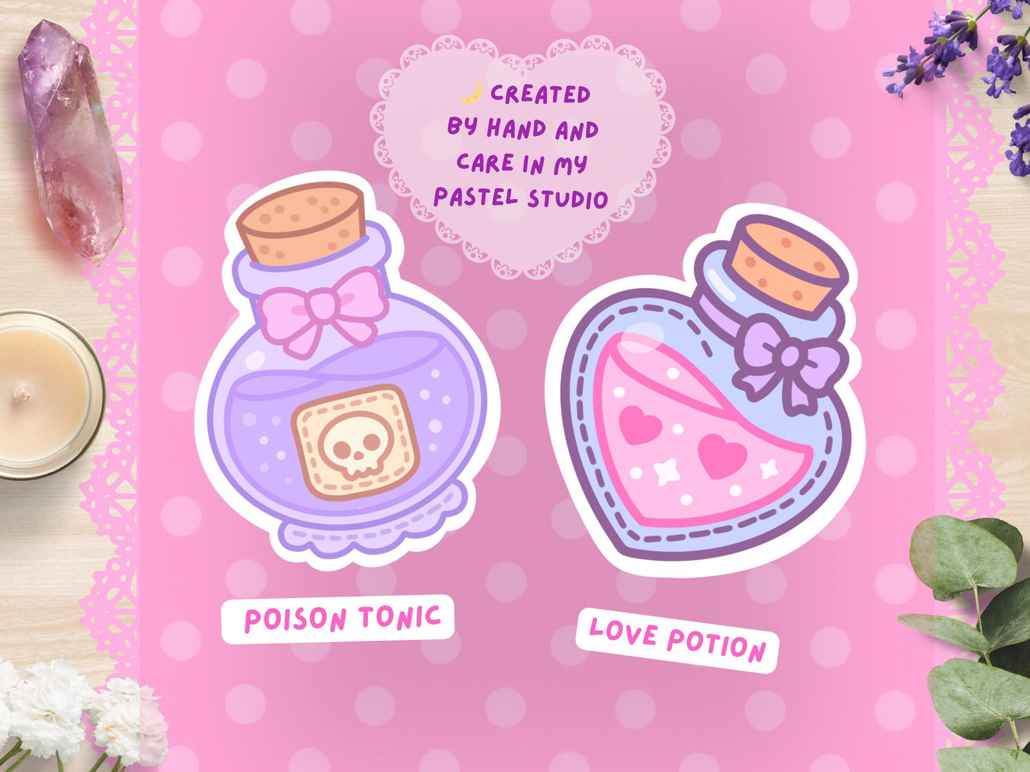 Kawaii Potion Bottle Stickers Witchy Pastel Waterproof Vinyl Die-Cut 6-Pack