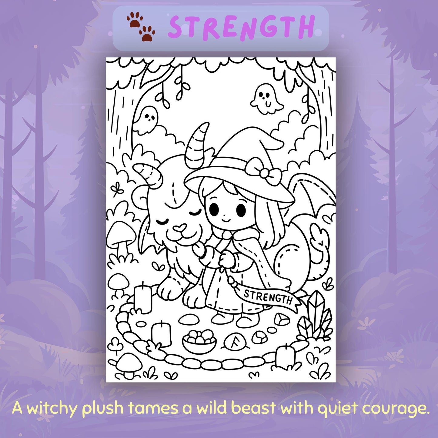 Spooky Forest Tarot Volume 2 Strength card coloring page: adorable witch girl gently taming a friendly horned goat in a forest setting with candles, mushrooms, and ghosts.
