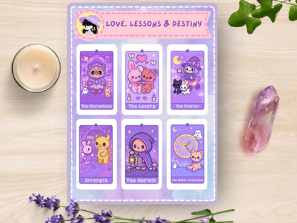 Kawaii Tarot Stickers: Love, Lessons & Destiny - Waterproof Vinyl Sheet