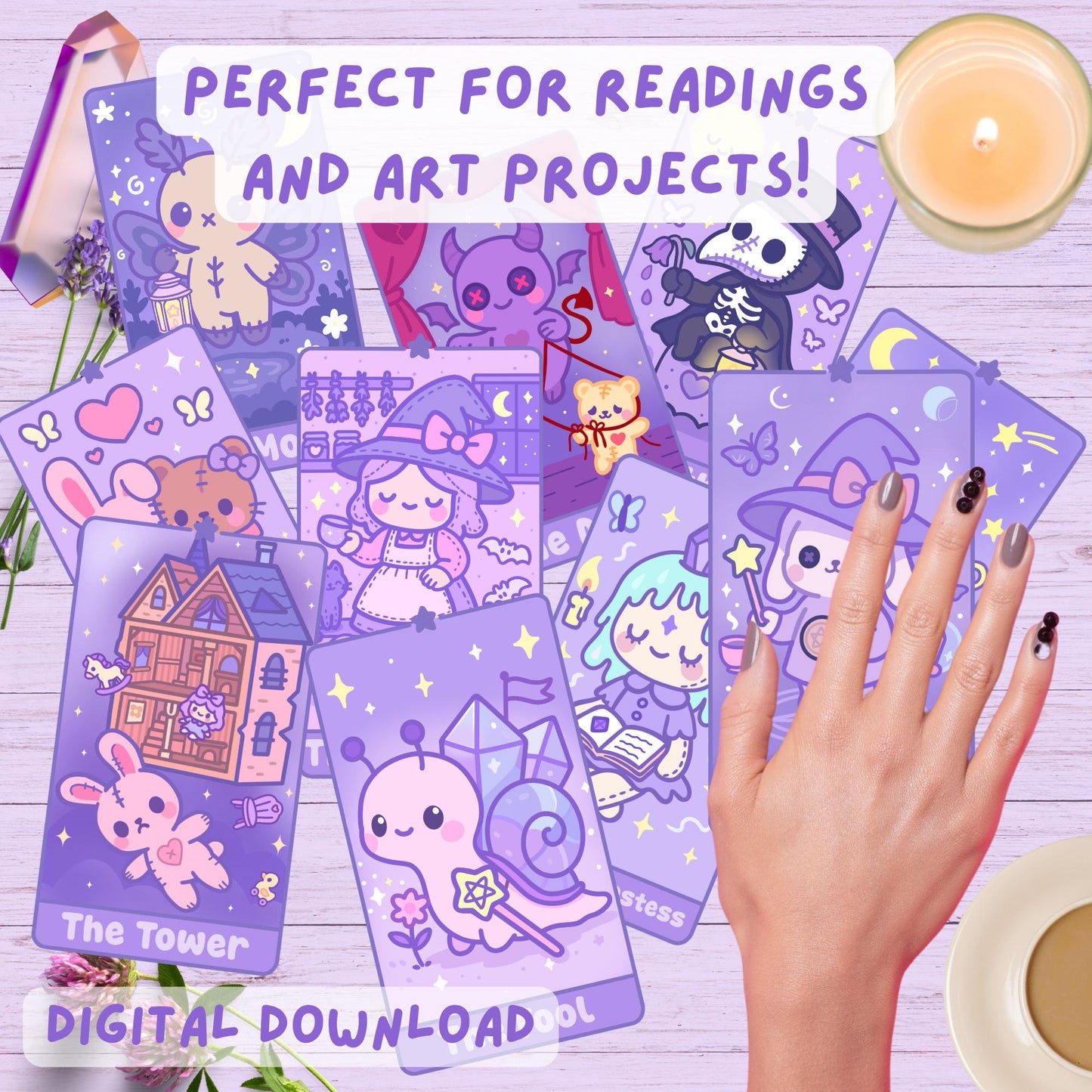 Kawaii Tarot Deck: Hand-Drawn Pastel Witchcore Cards (PDF Guide Included)