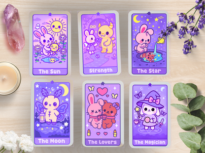 Handmade Kawaii Tarot Deck – 22 Major Arcana Cards + Illustrated Guidebook & Velvet Pouch