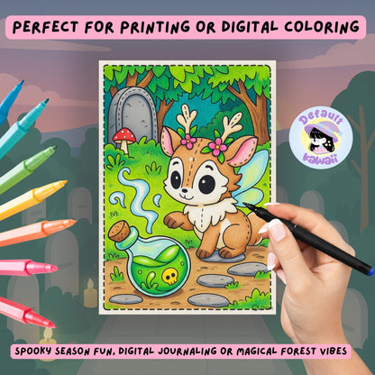 Colored example of a page from The Fairy Garden Between Worlds spooky-cute coloring book showing a cute winged deer with flower crown sitting next to a glowing green potion bottle with a skull inside, in a magical forest with a tombstone and mushrooms. Demonstrated with colorful markers on the left and a hand holding a black marker on the right, with text 'Perfect for printing or digital coloring' and 'Spooky season fun, digital journaling or magical forest vibes'