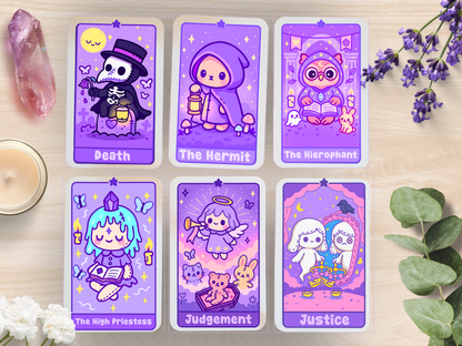 Handmade Kawaii Tarot Deck – 22 Major Arcana Cards + Illustrated Guidebook & Velvet Pouch