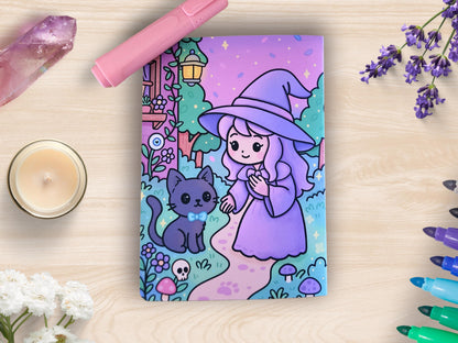 Witch's Familiars Mini Coloring Book A5 Handmade Pastel Spooky Kawaii