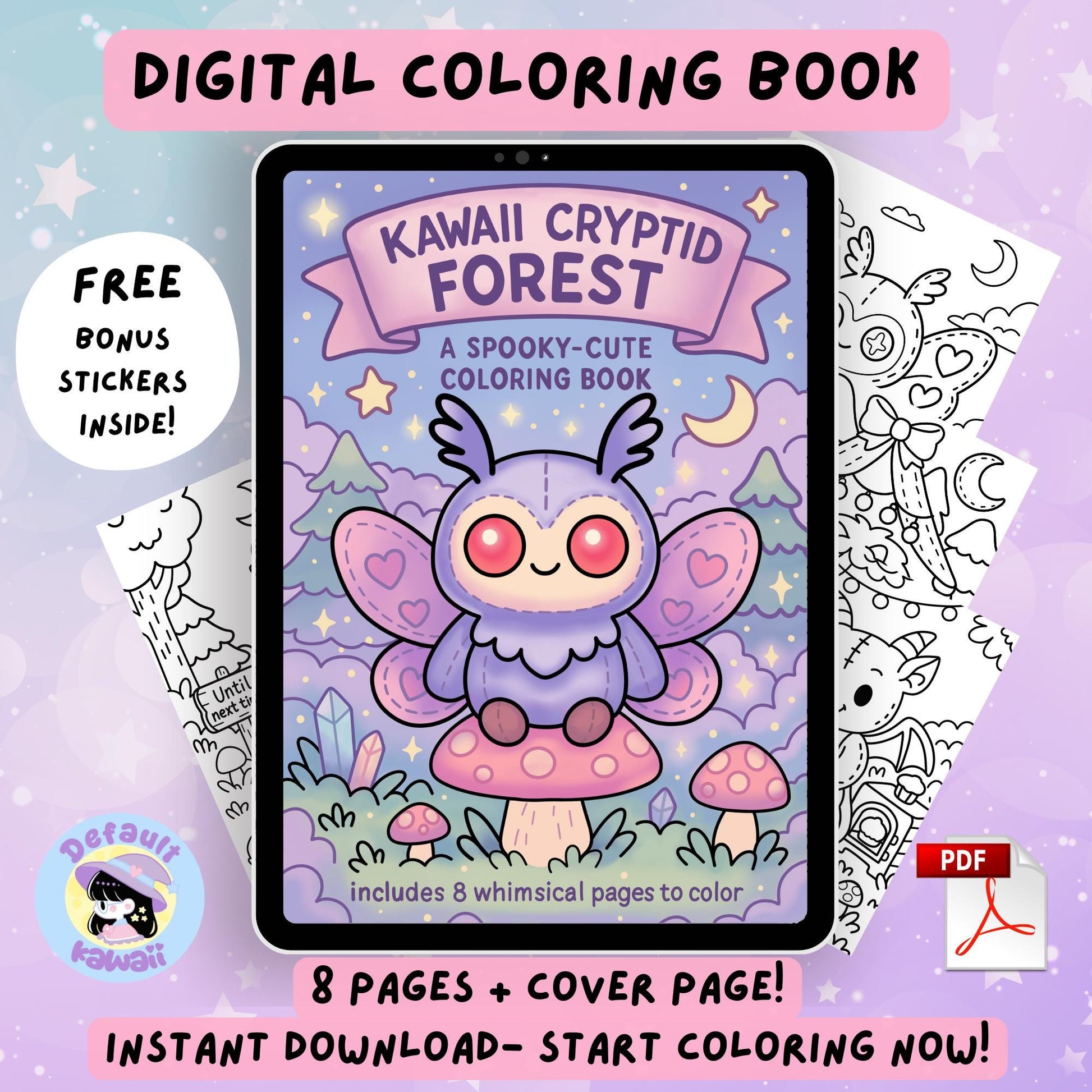 Kawaii Cryptid Forest coloring book sample pages showing four black and white stitched cryptid illustrations: heart-winged moth creature, baking dragon, hooded owl cryptid reading spells, and forest path with cryptid friend