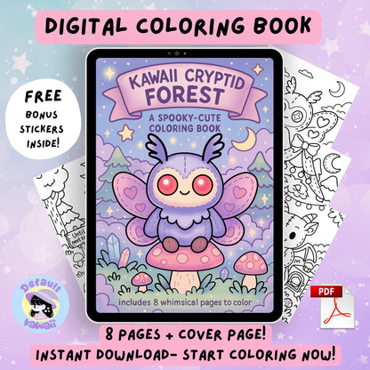 Kawaii Cryptid Forest coloring book sample pages showing four black and white stitched cryptid illustrations: heart-winged moth creature, baking dragon, hooded owl cryptid reading spells, and forest path with cryptid friend
